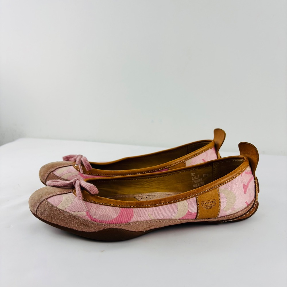 Coach Women's Ballet Flats Size 8.5 Jenilee VTG Y2K Pink Suede & Brown Leather